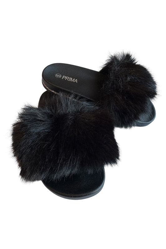 Black slipper with fur trim on a white background