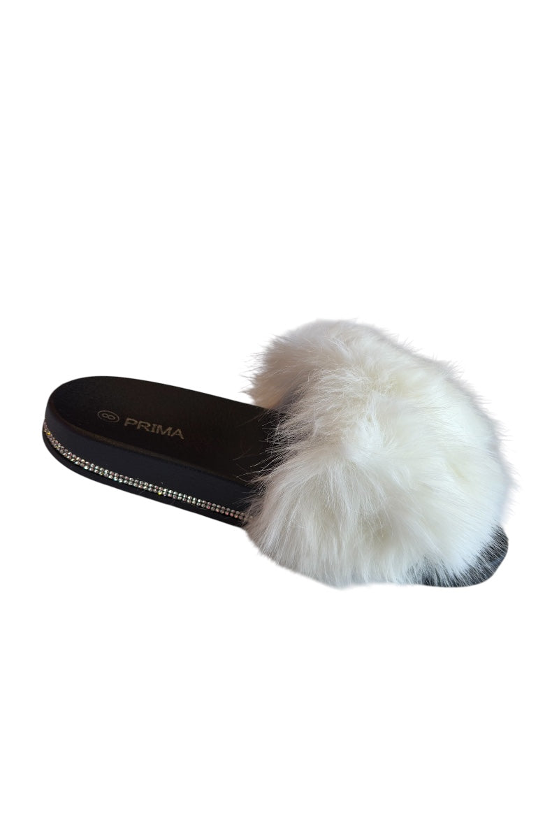 Slipper with white fur on a black sole on a white background