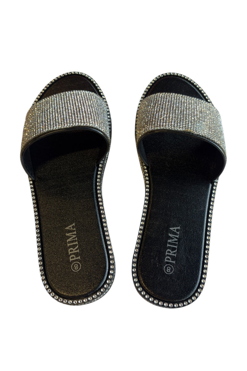 Pair of black slides with silver embellishments on a white background