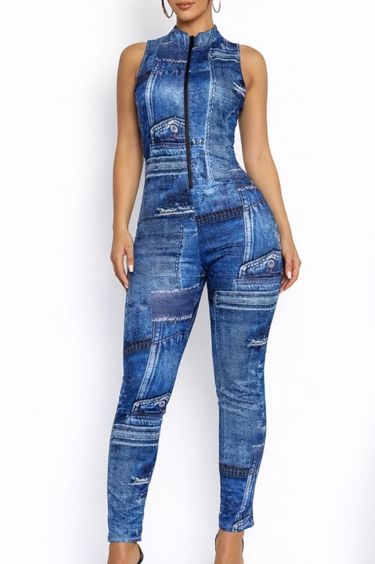 Patchwork Edge Zip Jumpsuit #D2369