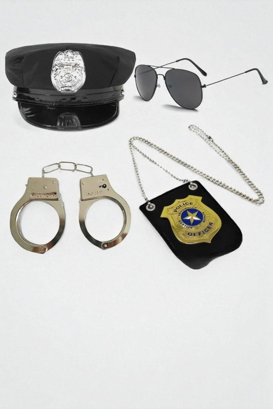 Police-themed items including a hat, sunglasses, handcuffs, and badge on a white background