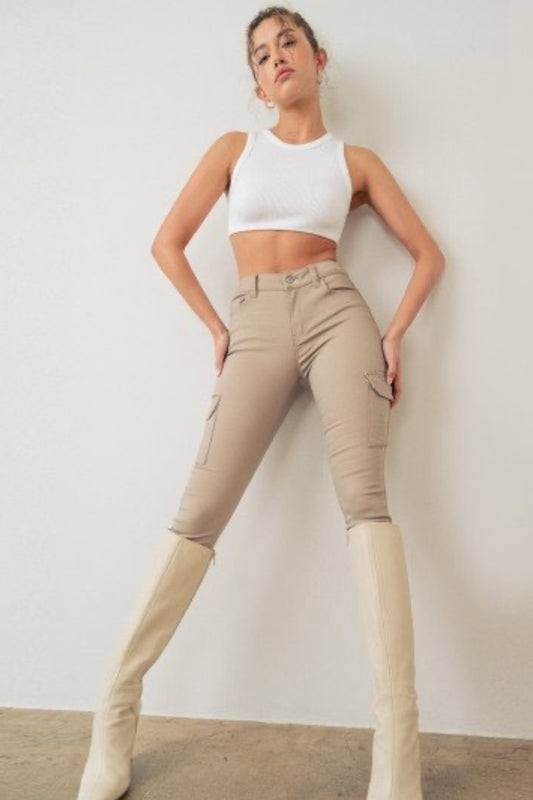 Push-Up Hi-Rise Cargo Pocket Twill Pants - Khaki