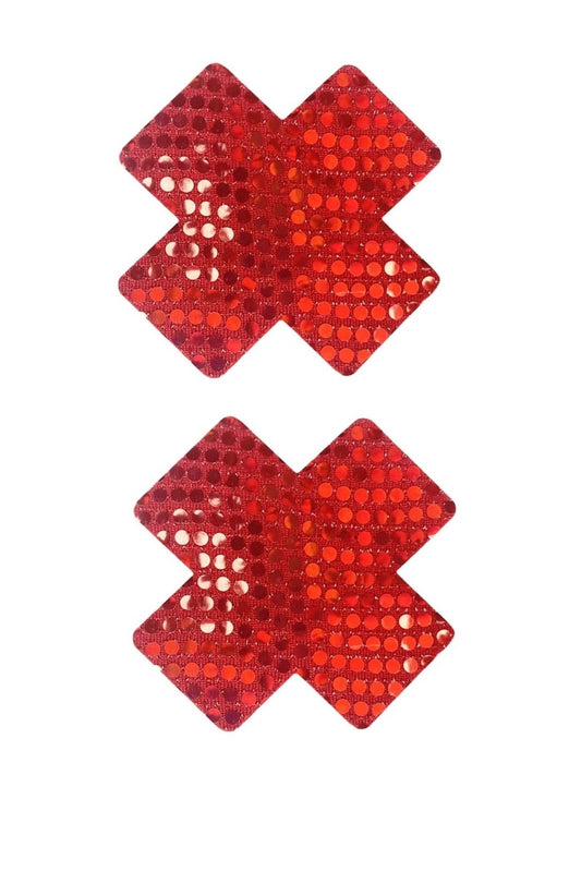 Two red X-shaped pasties on a white background