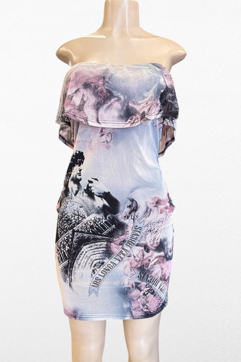 Renaissance Print Mesh Ruffled Dress #T6530 Grey / L Renaissance Print Mesh Ruffled Dress #T6530 Grey / L