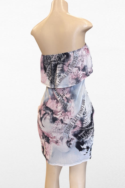 Renaissance Print Mesh Ruffled Dress