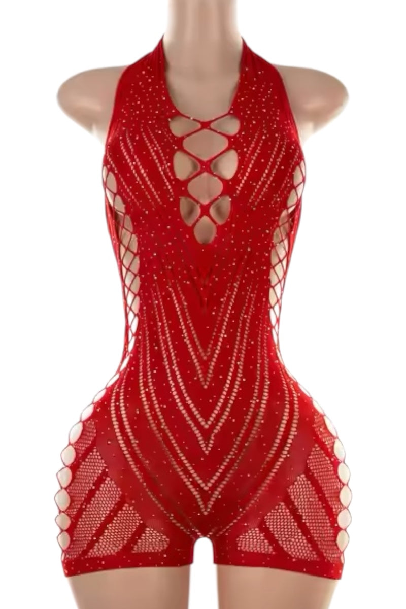 Red beaded romper on a mannequin against a white background