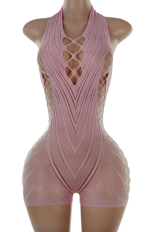 Pink romper on a mannequin against a white background