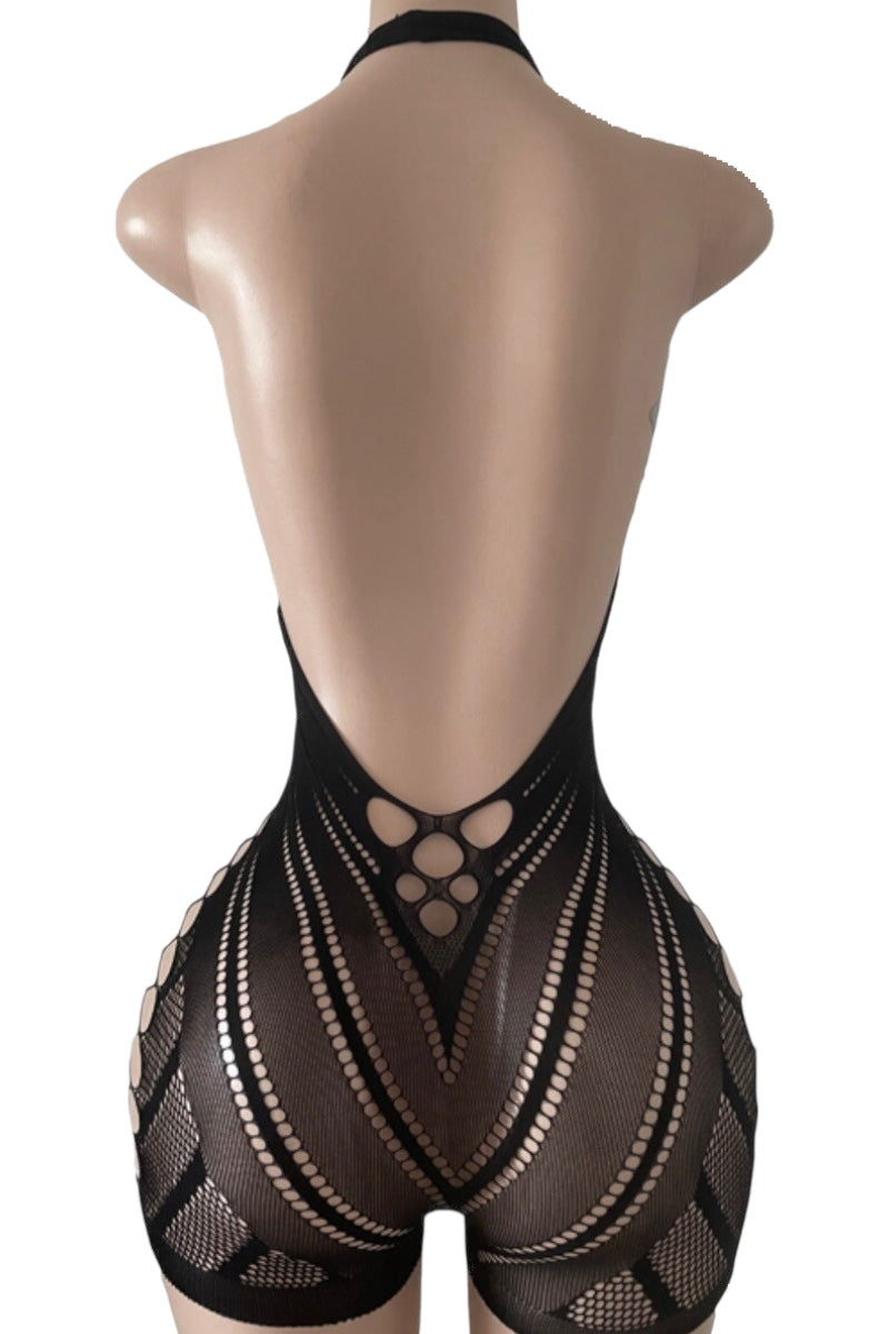 Black fishnet romper on a mannequin with a white background