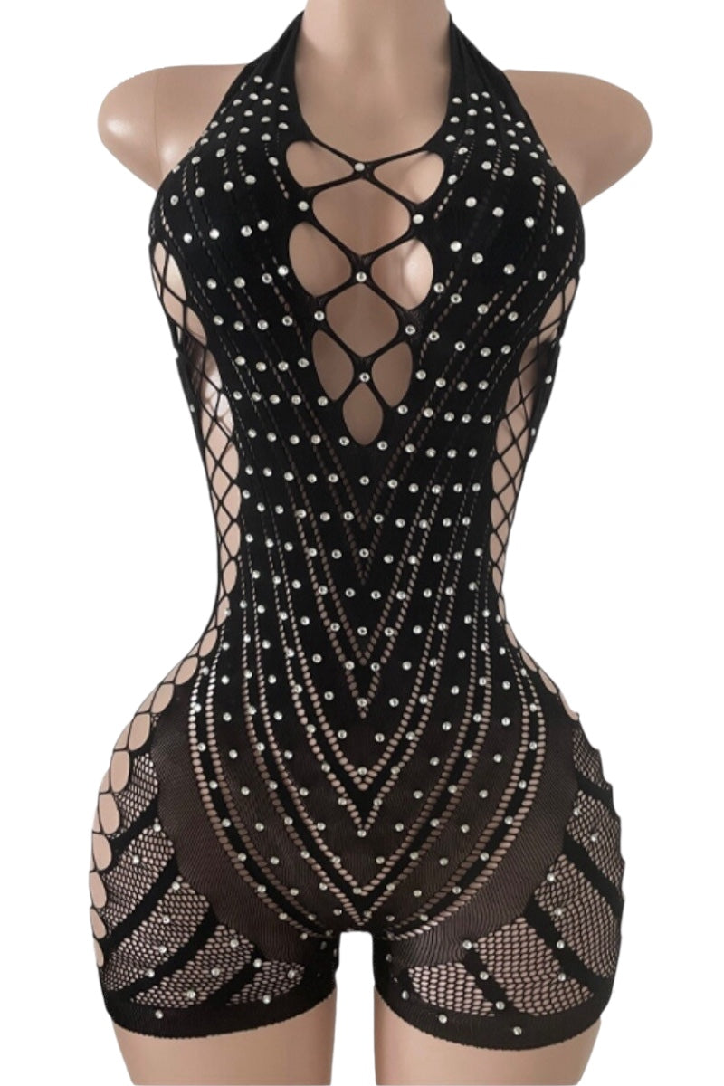 Black mesh bodysuit with rhinestone embellishments on a mannequin against a white background