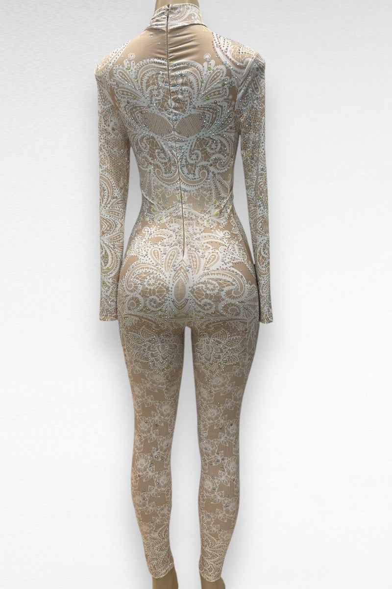 Rhinestone Floral Print Full Jumpsuit