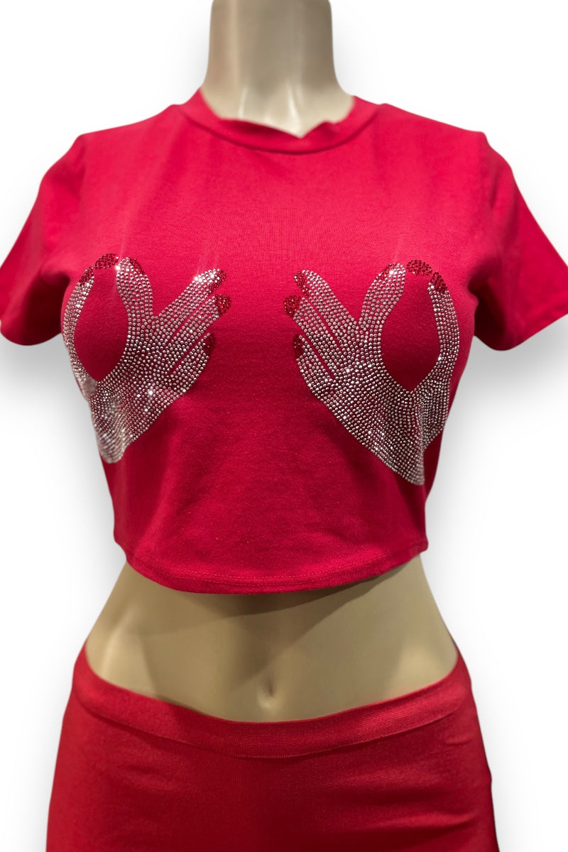 Rhinestone Hands Crew Neck Crop Top