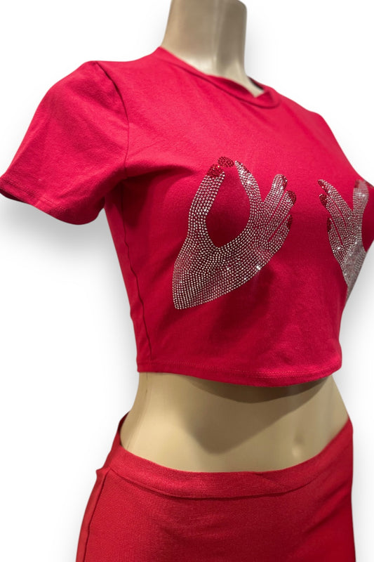 Rhinestone Hands Crew Neck Crop Top