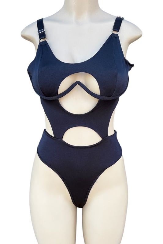 Black Bodysuit with cut-out design on a mannequin against a white background