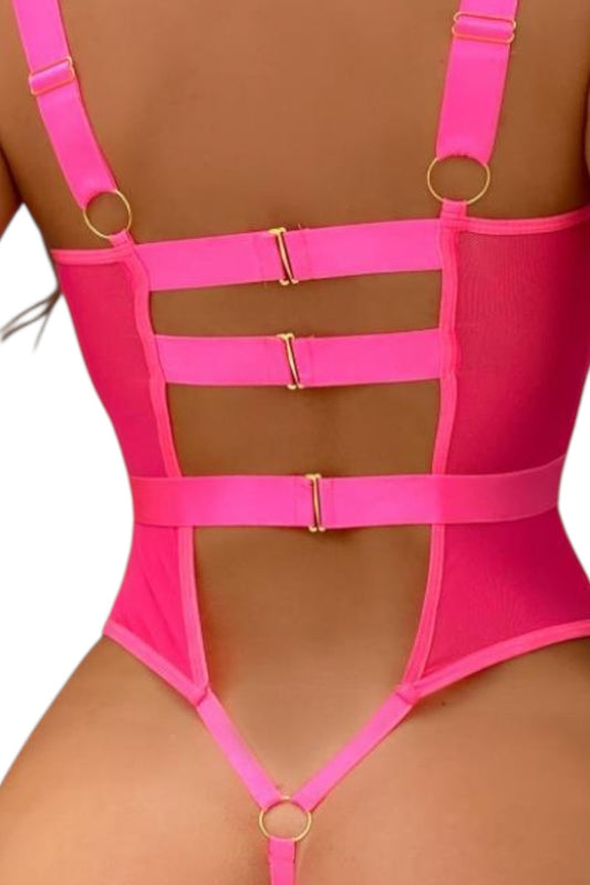 Pink strappy bodysuit on a white background