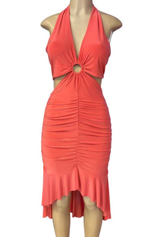 Coral halter neck dress on a mannequin against a white background