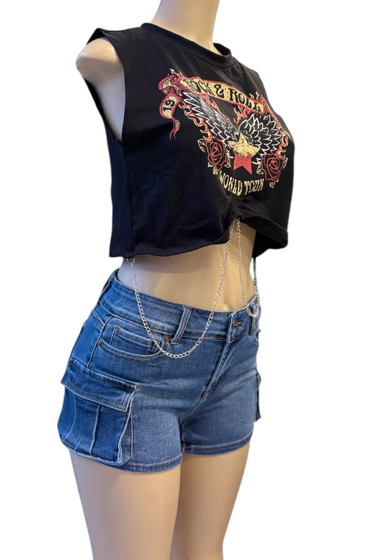 Rock 'n' Roll Graphic Cropped Sleeveless Tee with Chains - Black