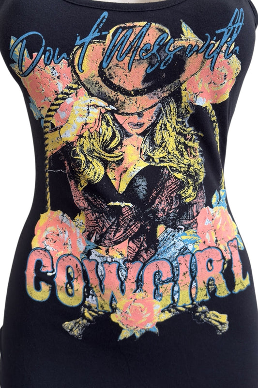 Black tank dress with colorful graphic design of a cowgirl and text.