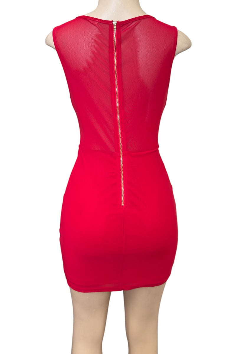 Red dress on a mannequin with a white background