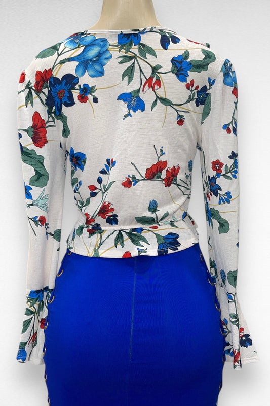 Ruffled Floral Print Long Sleeve Cropped Top