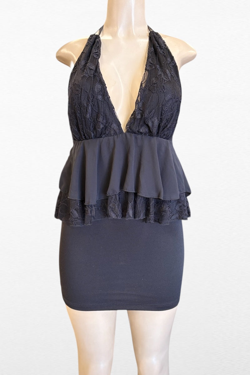 Ruffled Halter Lace Contrast Dress