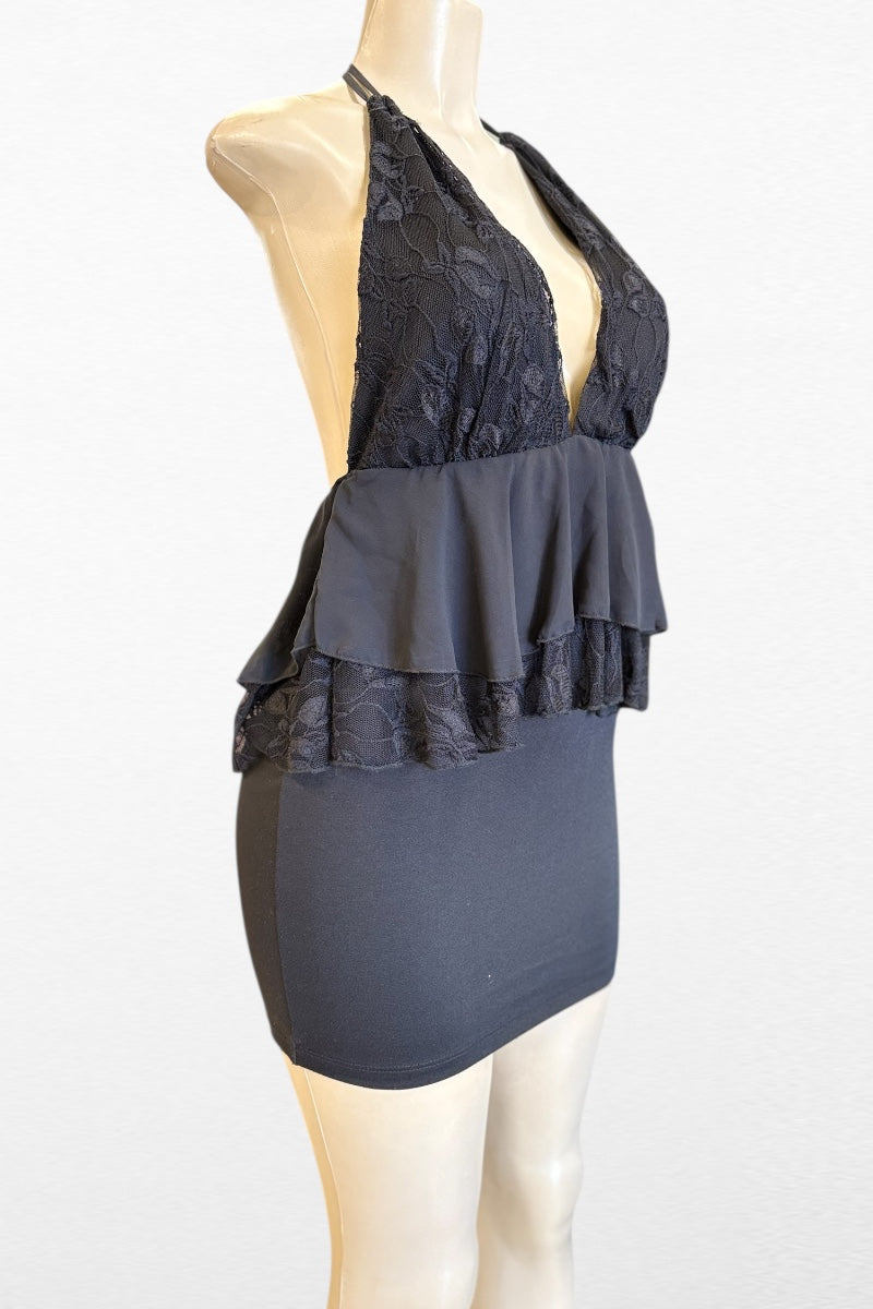 Ruffled Halter Lace Contrast Dress