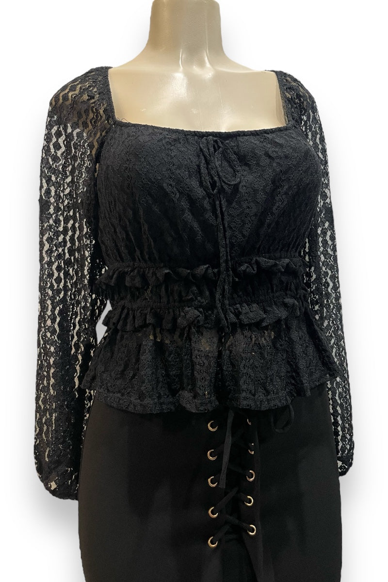 Ruffled Lace Square Neck Long Sleeve Top