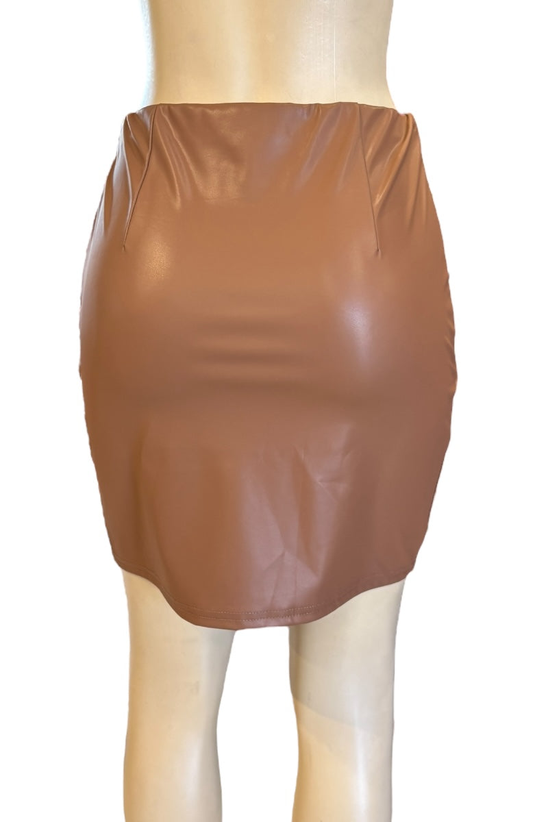 Brown shiny skirt on a mannequin against a white background