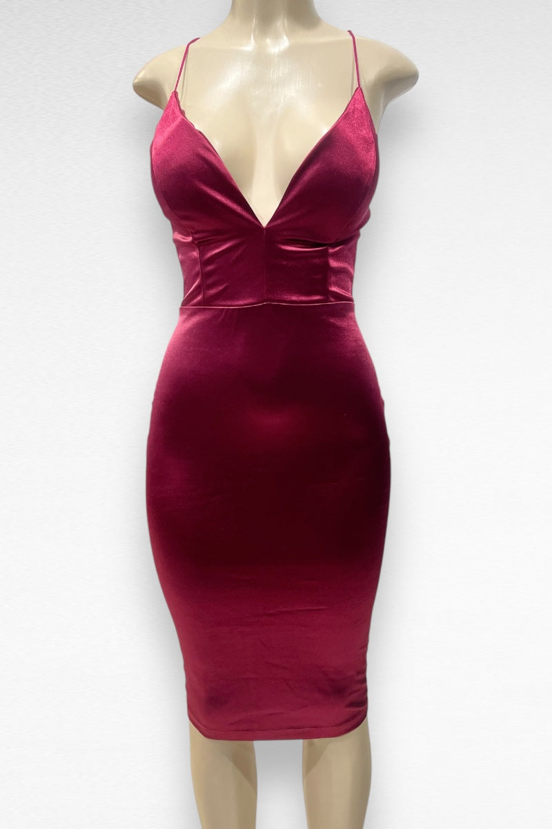 Satin Crossed Back Midi Dress Wine / S Satin Crossed Back Midi Dress Wine / S