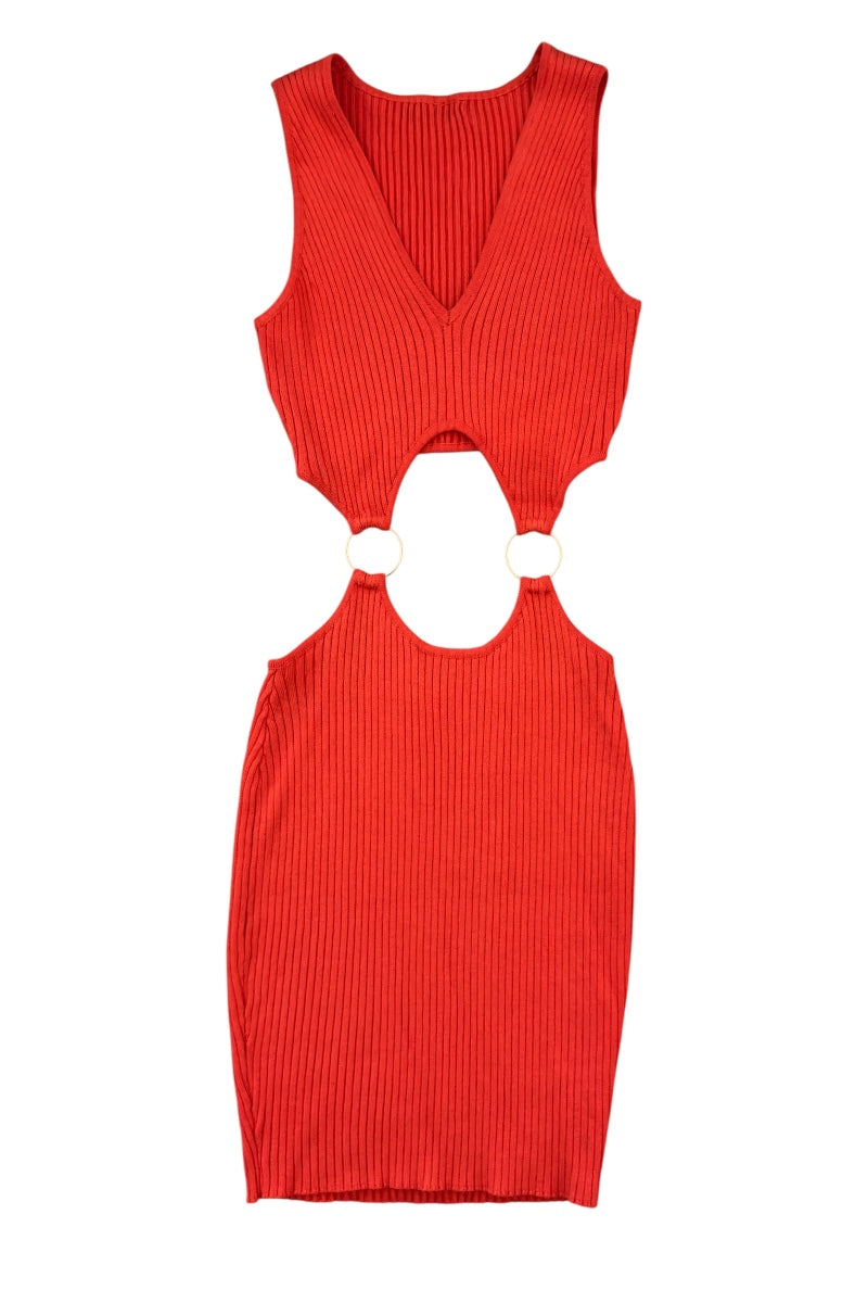 Neon Orange ribbed dress with cutout design on a white background