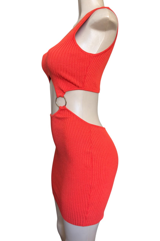 Neon Orange ribbed dress on a mannequin against a white background