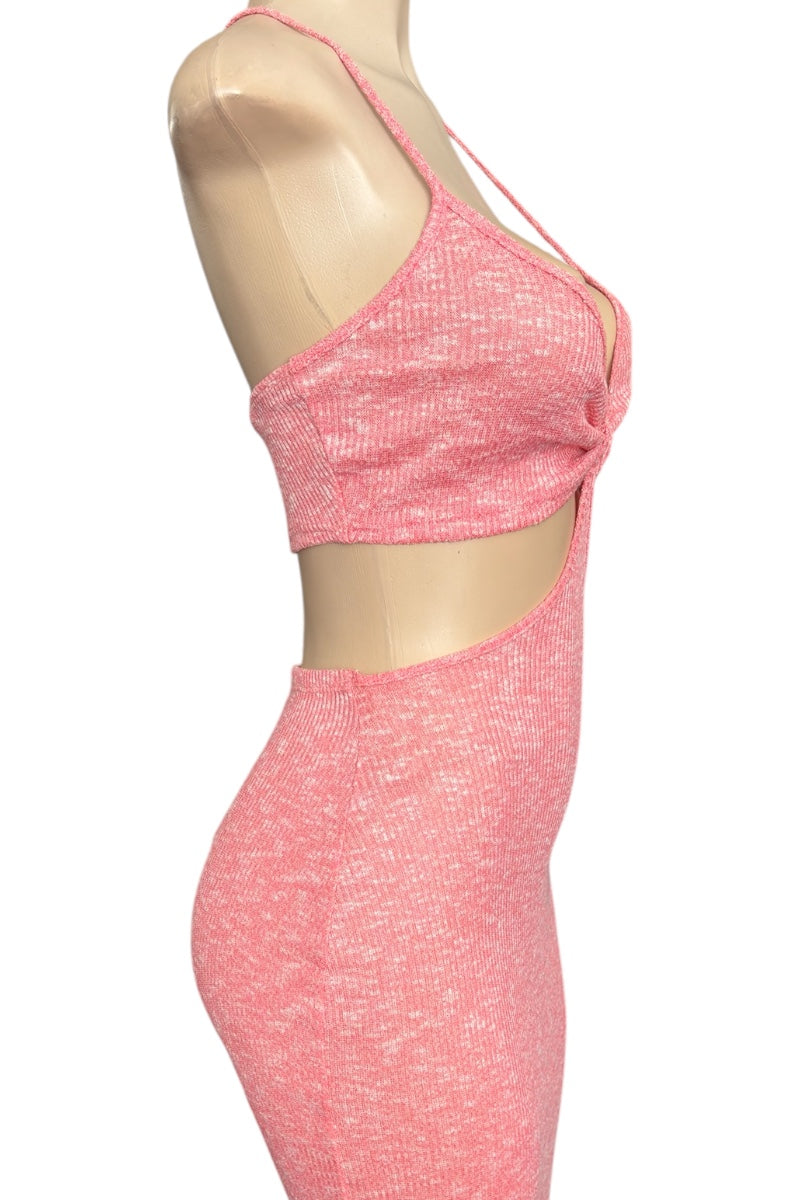 Pink cutout dress on a mannequin against a white background