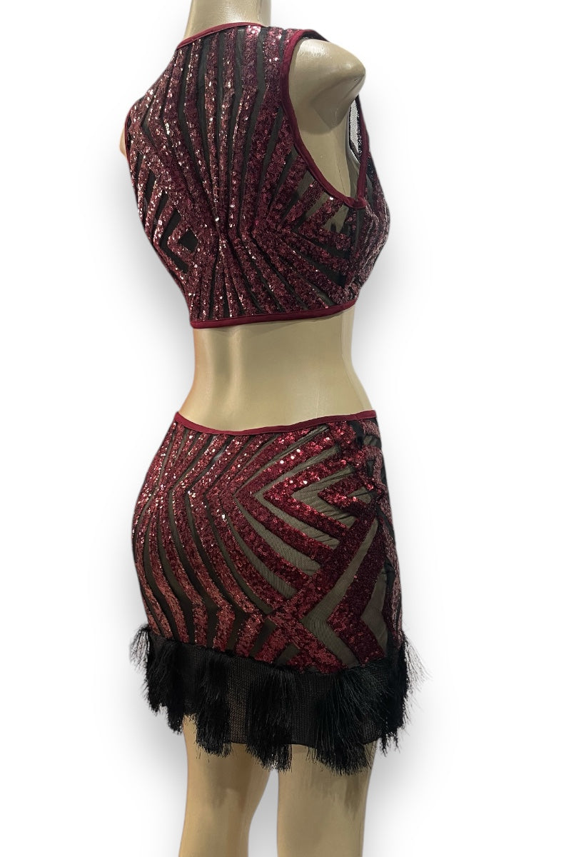 Sequin Fringe Self Tie Set -Burgundy