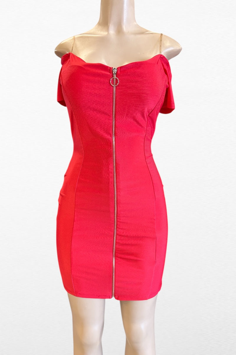 Shiny Contour Zipper Off Shoulder Dress