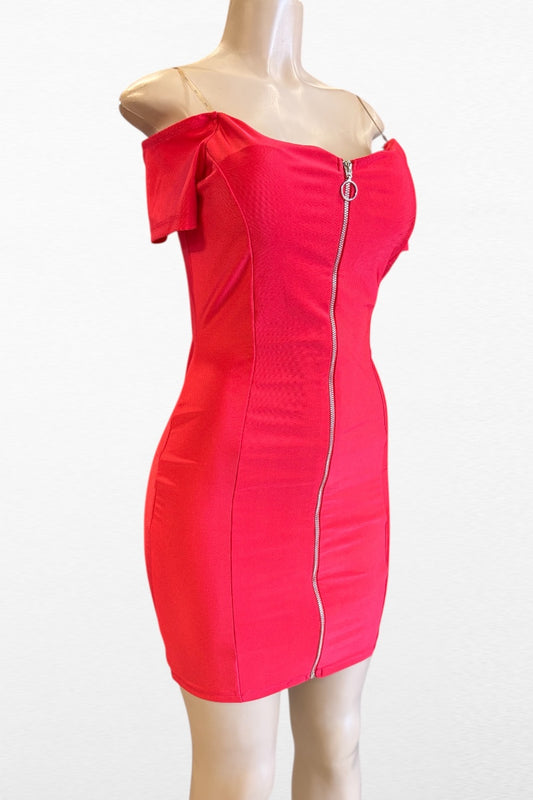 Shiny Contour Zipper Off Shoulder Dress