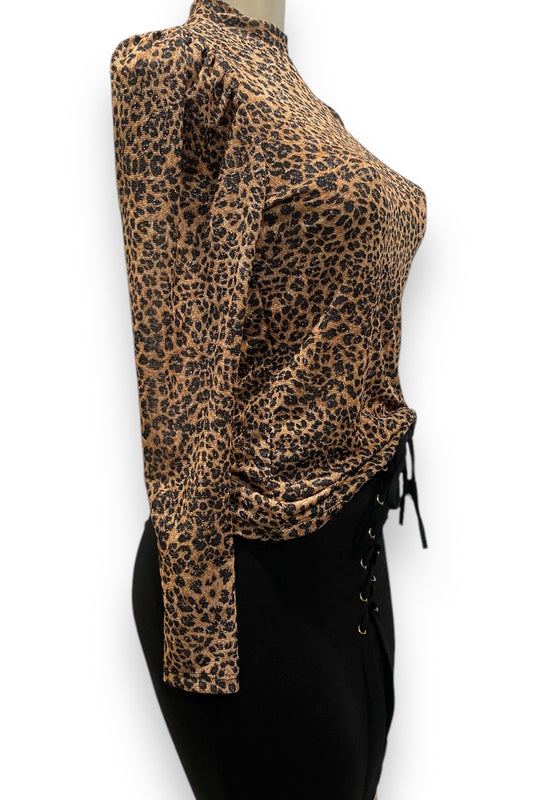Shiny Leopard Print Mesh Long Sleeve Top