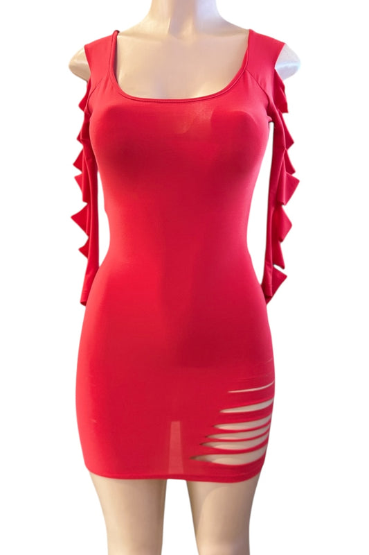 Red dress with shredded sleeves on a mannequin against a white background