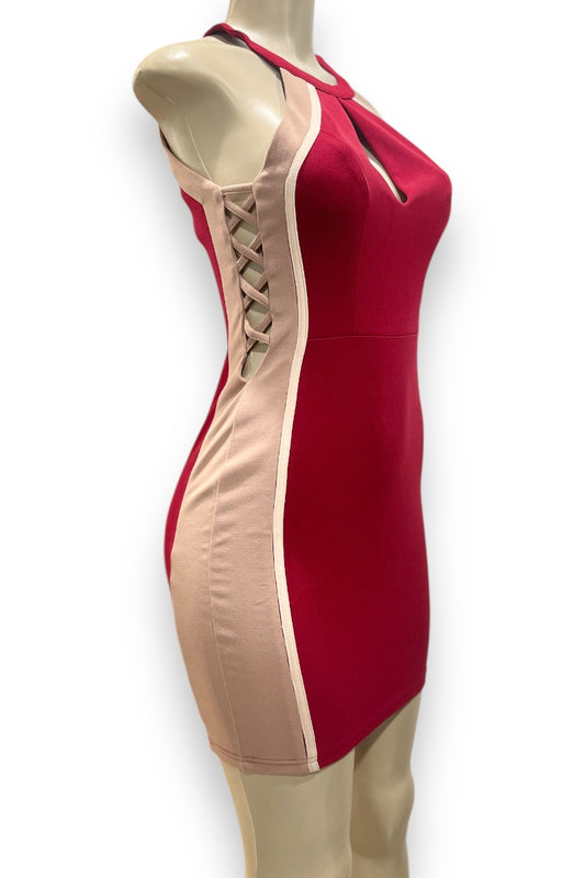 Side Lace Up Keyhole Color-Block Dress - Burgundy