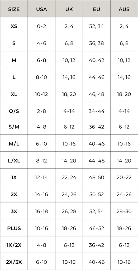 Size chart comparing USA, UK, EU, and AUS size standards.