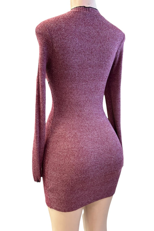 Wine knitted dress on a mannequin against a white background
