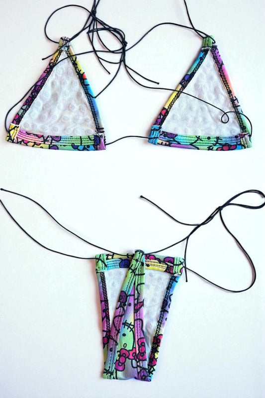Colorful bikini top and bottom set on a white background