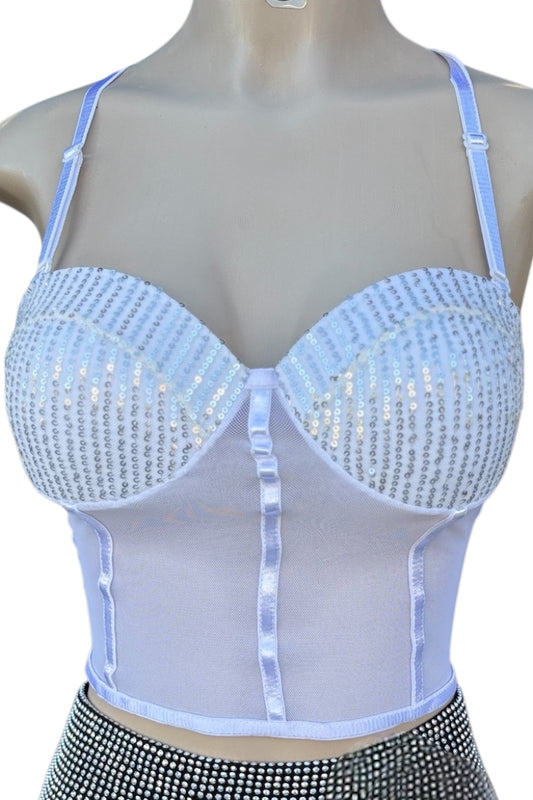 white bra crop top with mesh panels on a mannequin against a white background