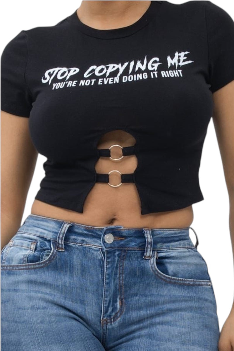 Stop O Ring Cropped Crew Neck Tee - Black