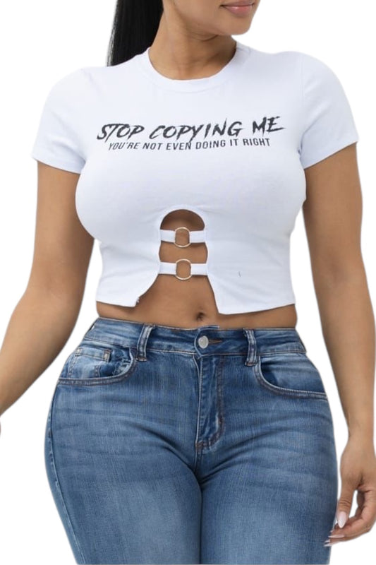 Stop O Ring Cropped Crew Neck Tee - White