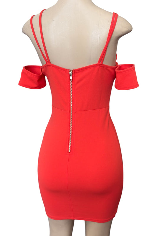 Rust dress with thin straps and a zipper on a white background