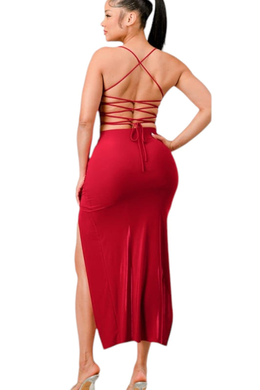 Strappy Crop Top and Ruched Midi Skirt Set - Red