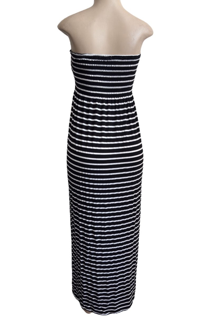Black and white striped strapless dress on a mannequin against a white background