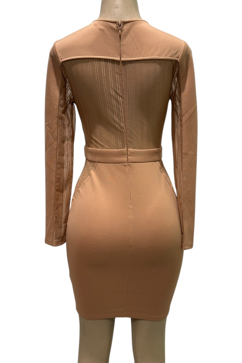 beige dress on a mannequin against a white background