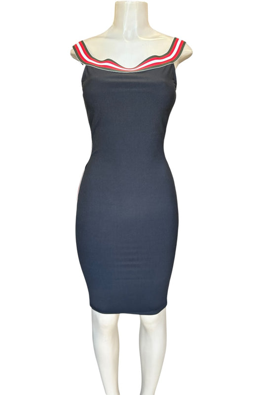 black dress with red and white trim on a mannequin against a white background