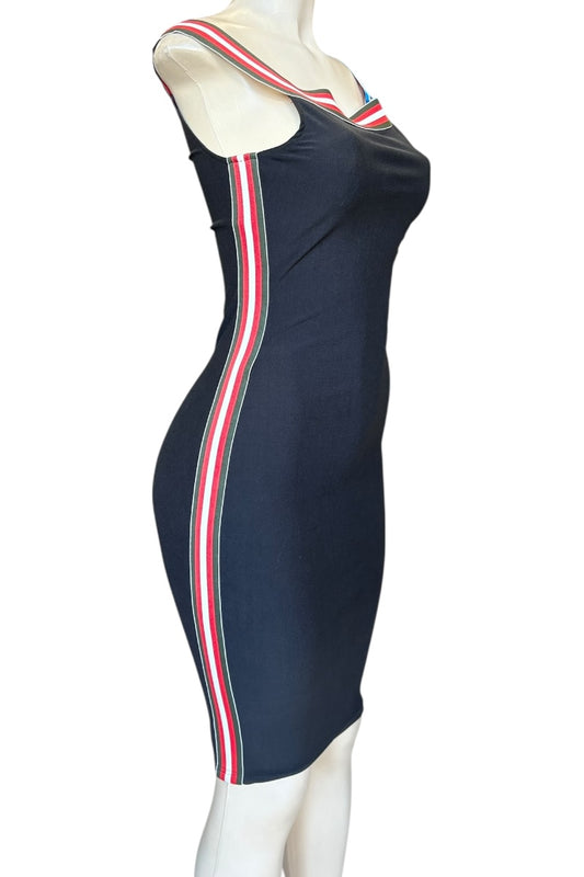 black dress with red and white stripes on a mannequin against a white background