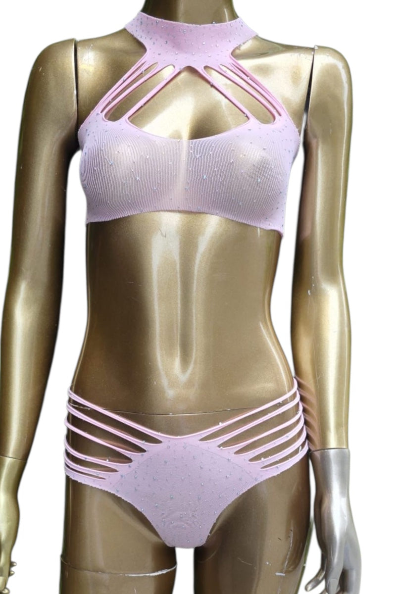 Studded Bodysuit w/ Halter Neck - Pink